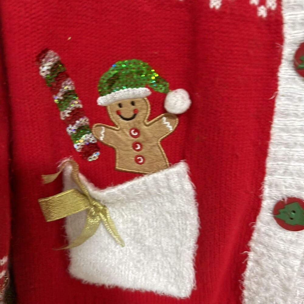 Ugly Christmas Sweater Women’s Cardigan Tree buttons Gingerbread Man